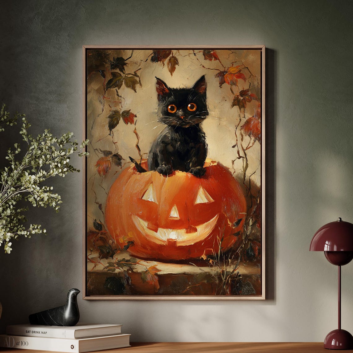 Black Cat Sitting On Jack-O-Lantern Vintage Halloween Cat Poster