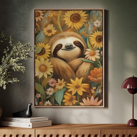 Sleepy Sloth Sunflowers Cozy Floral Smile Cheerful Nature Animal Poster