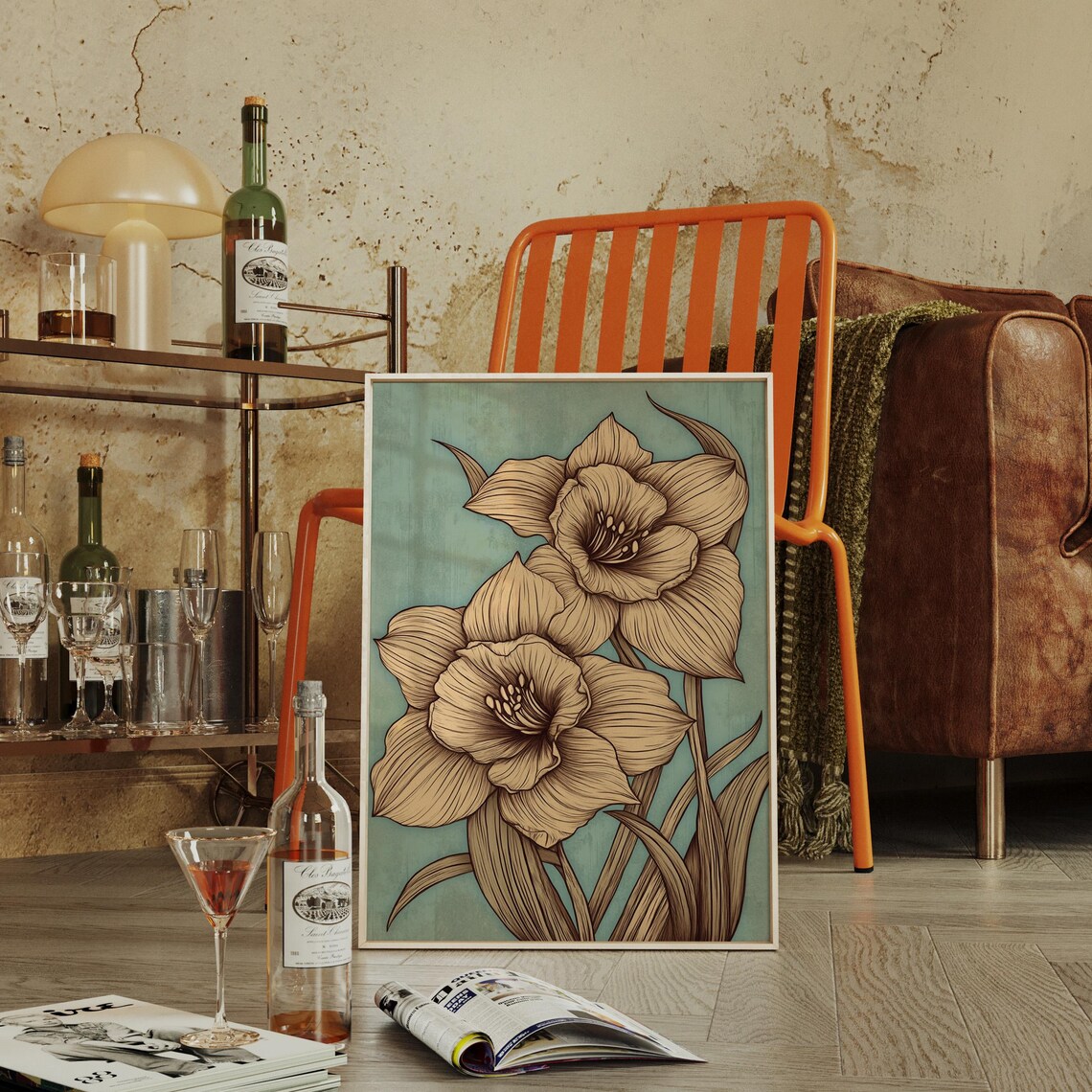 Vintage Daffodil Flower Illustration in Sepia on Teal Art Print