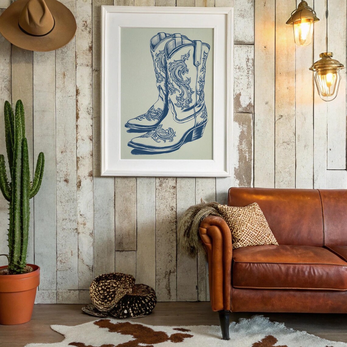Blue Engraved Cowboy Boots Vintage Western Illustration Poster