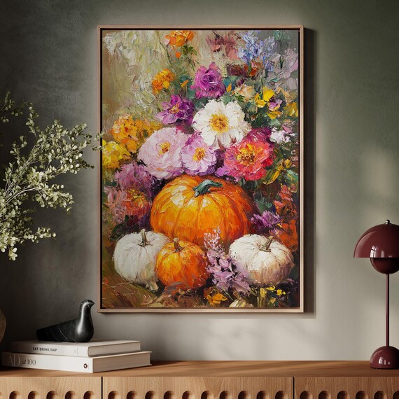 Fall Pumpkin And Floral Bouquet Vibrant Autumn Harvest Art Poster
