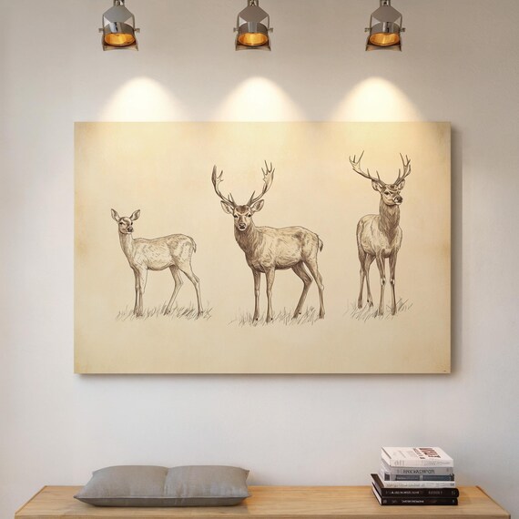 Vintage Sepia Sketch of Three Deer on Aged Paper Wildlife Art Poster