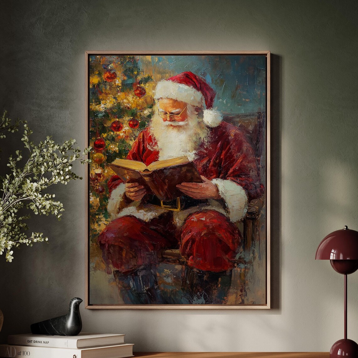 Santa Claus Reading By Glowing Christmas Tree Vintage Poster