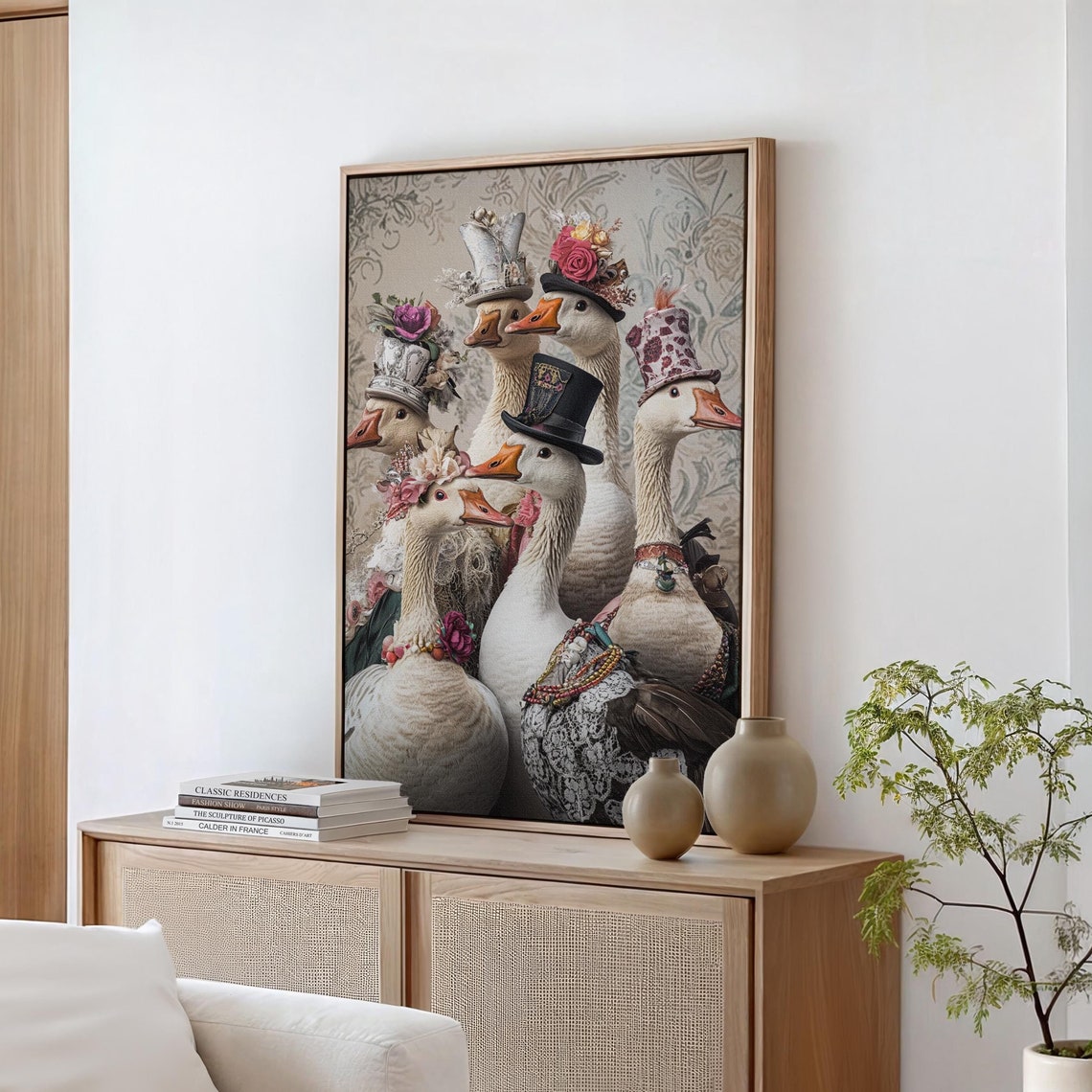 Five Geese Wearing Fancy Victorian Hats Quirky Animal Poster
