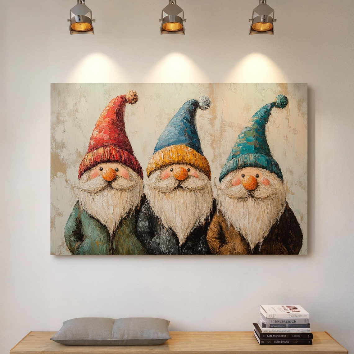 Three Cute Christmas Gnomes In Colorful Hats Whimsical Holiday Poster