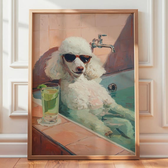White Poodle Playful Wall Art Funny Bathroom Dog Lovers Gift Retro Oil Painting Dogs Drinking Poster Portraits