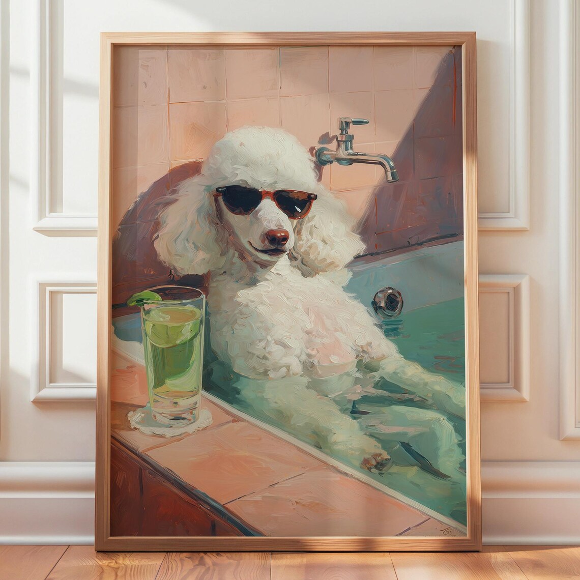 White Poodle In Bathtub Sunglasses Funny Bathroom Cocktail Dog Poster