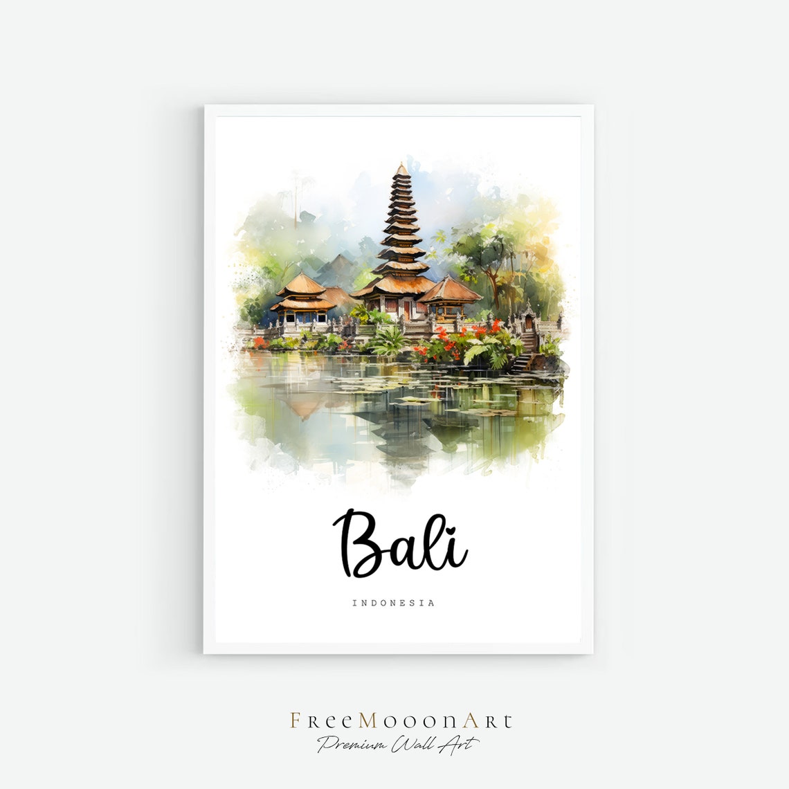 Bali Indonesia Temple Lake Reflection Watercolor Travel Poster