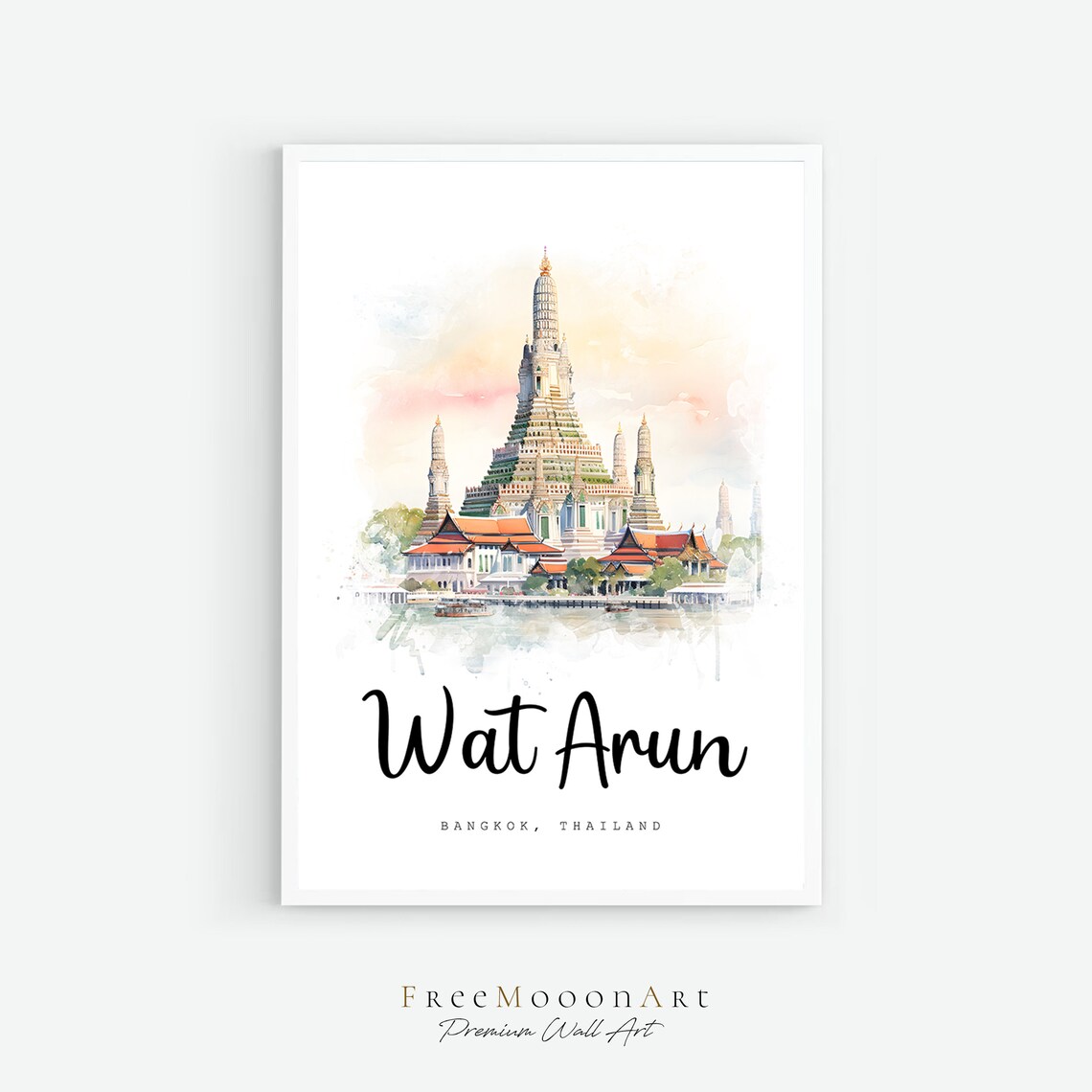 Wat Arun Bangkok Thailand Watercolor Travel Poster Temple Scene
