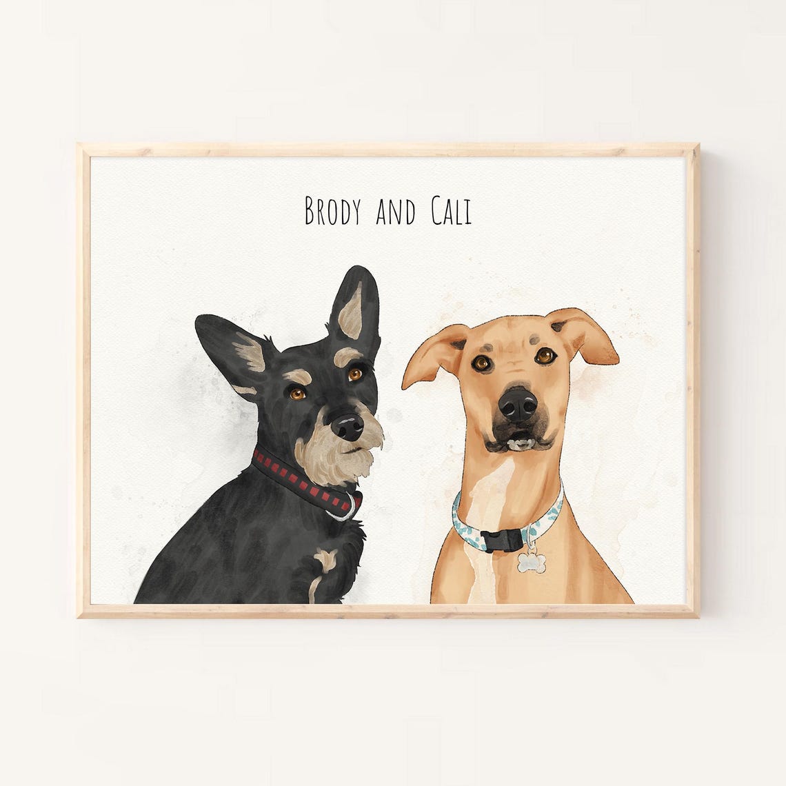 Custom Two Dogs Watercolor Portrait Print Personalized Pet Names Gift