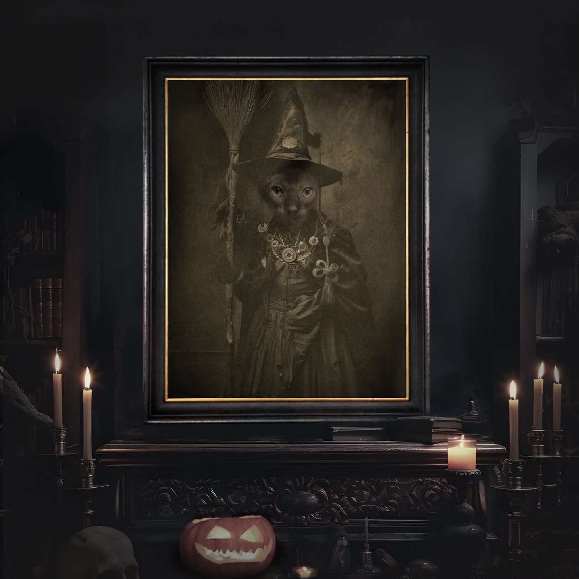 Vampire Tabby Cat in Top Hat Funny Halloween Pet Portrait Poster - Image 3