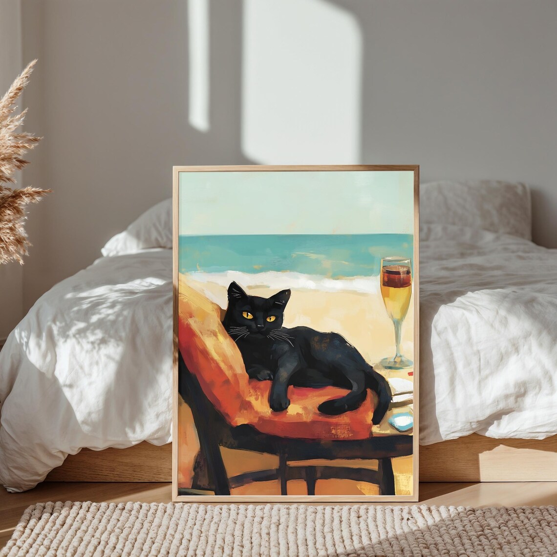 Black Cat Beach Cute Cat Portrait, Whimsical Art Print - Image 4