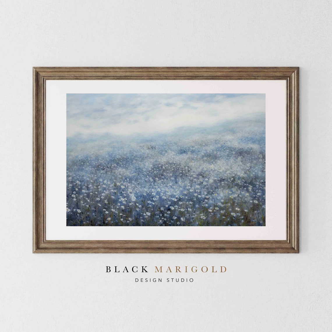 Blue Mist Wildflower Field Under Soft Cloudy Sky Vintage Poster