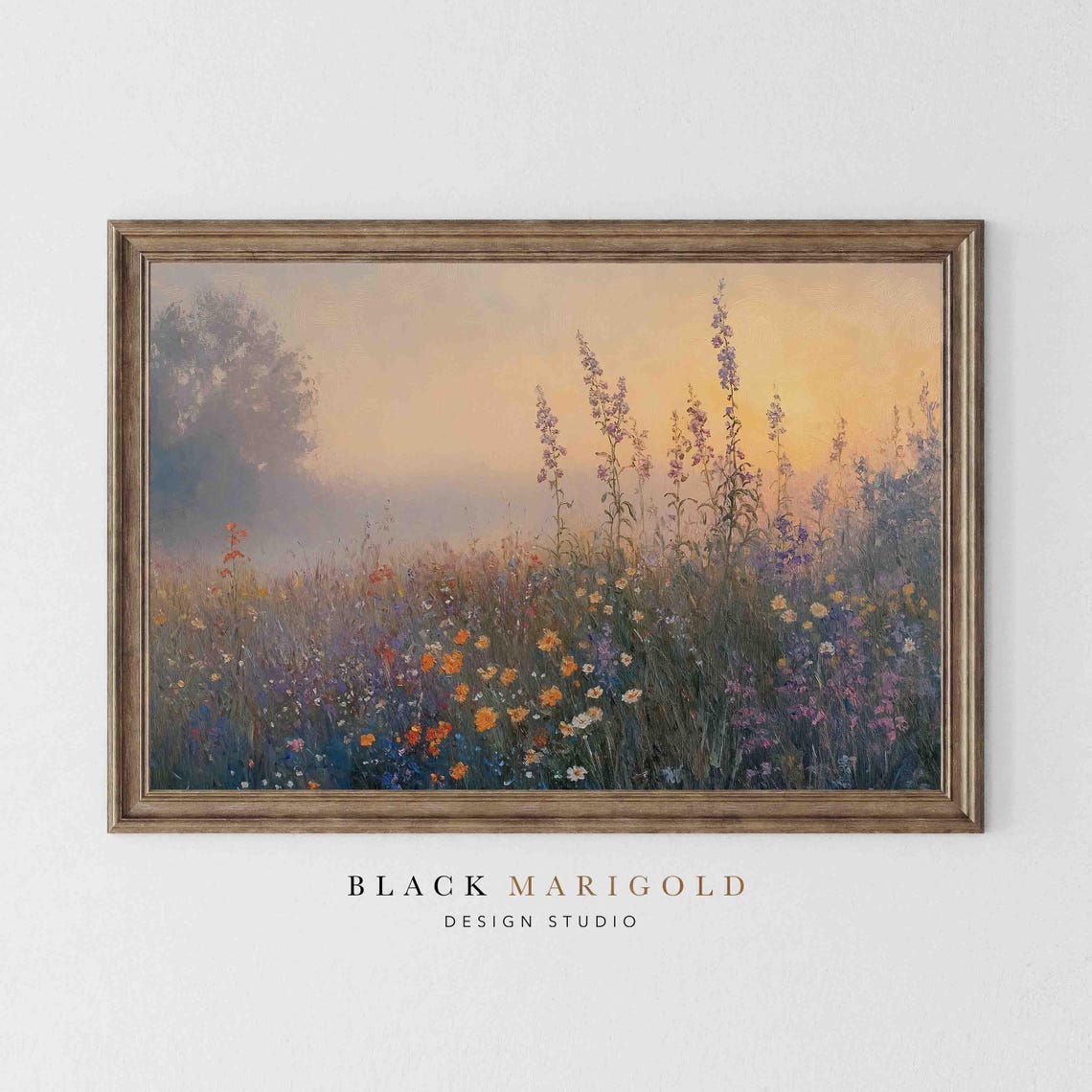 Serene Wildflower Meadow at Sunrise in Soft Morning Fog Wall Art