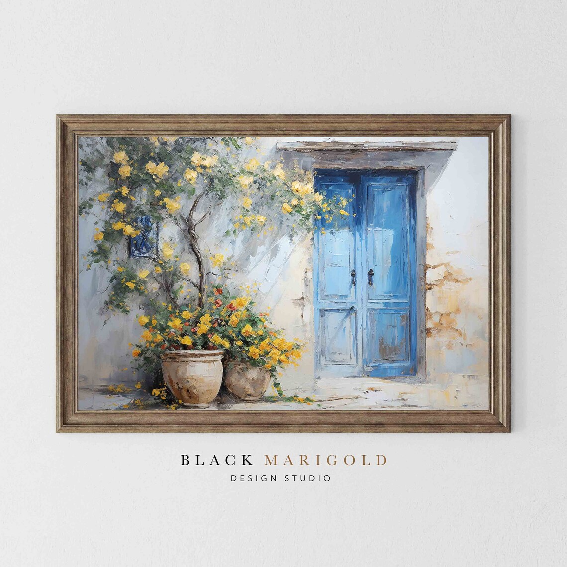Weathered Blue Door Vintage Oil Painting Art Print