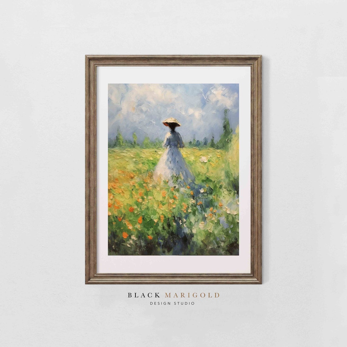 Woman in White Dress Walking Through Wildflower Meadow Poster - Image 2