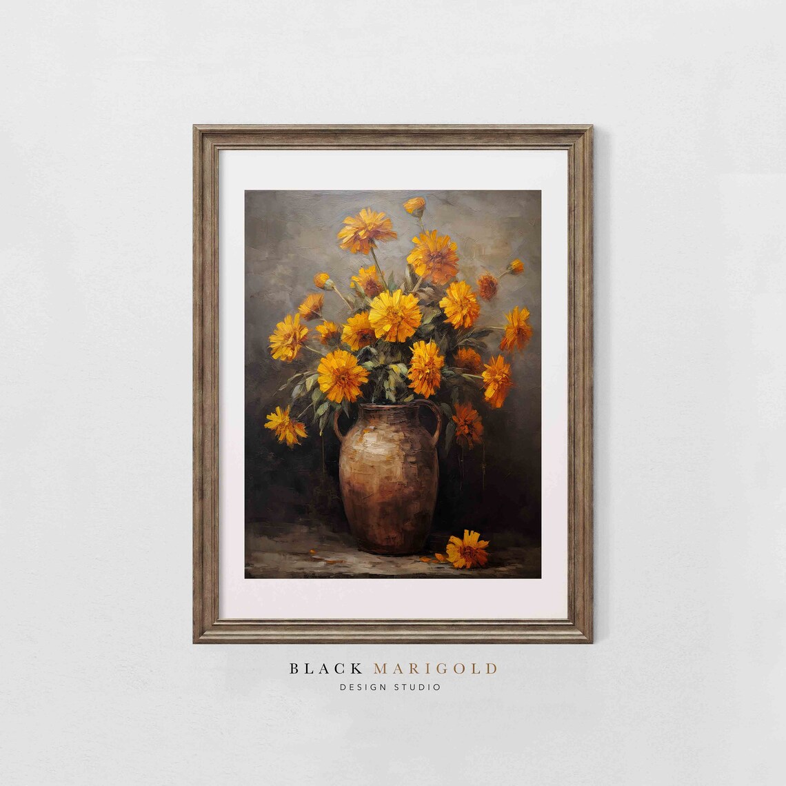 Golden Marigolds in a Rustic Clay Vase Moody Vintage Art Poster - Image 2