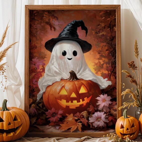 Cute With Pumpkin Wall Art Halloween Decor Witch Hat Autumn Fall Kids Room Print