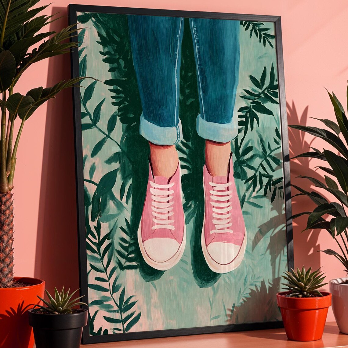 Pink Sneakers Botanical Print, Boho Minimalist Poster