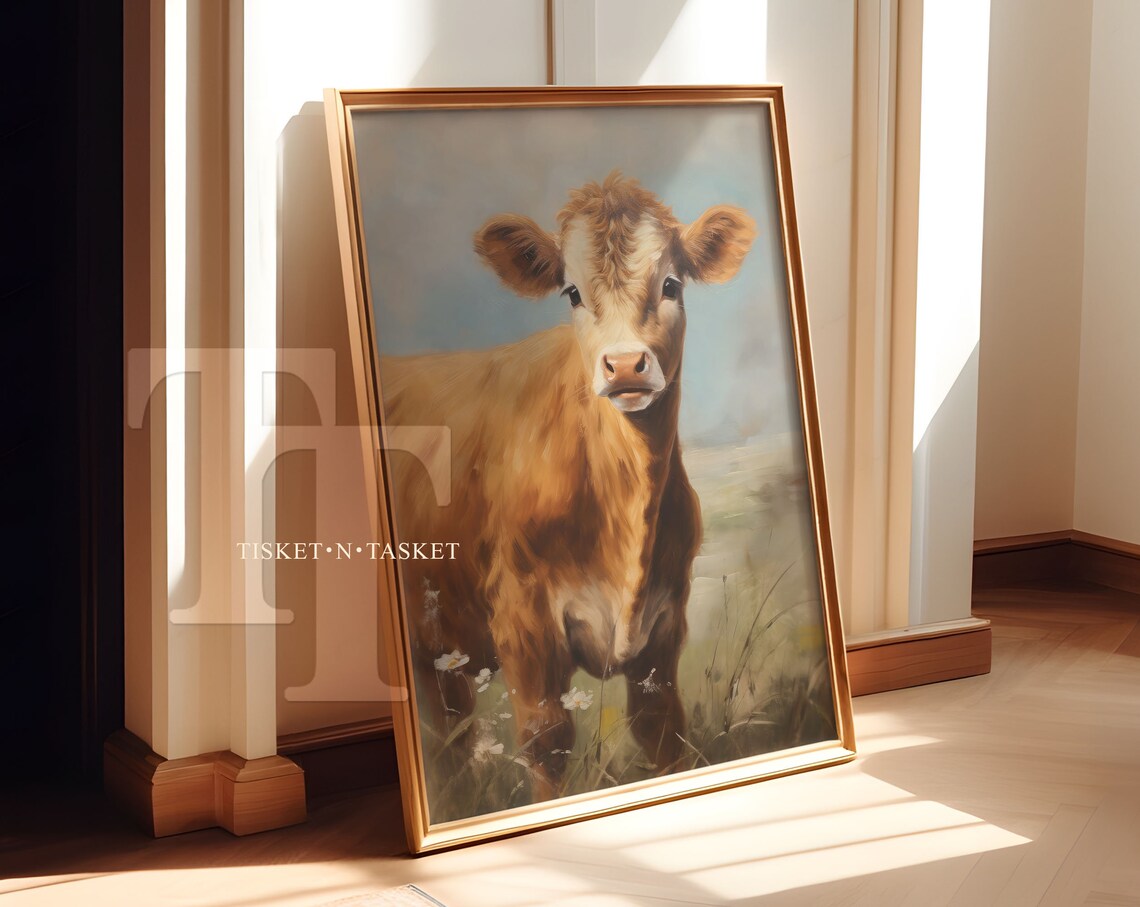 Cute Baby Calf Portrait Vintage Style Meadow Farm Animal Wall Art