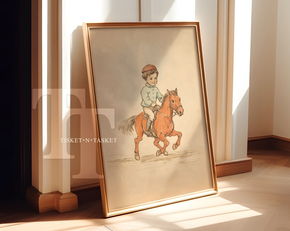 Child Riding Pony Vintage Style Drawing Nursery Equestrian Art Poster