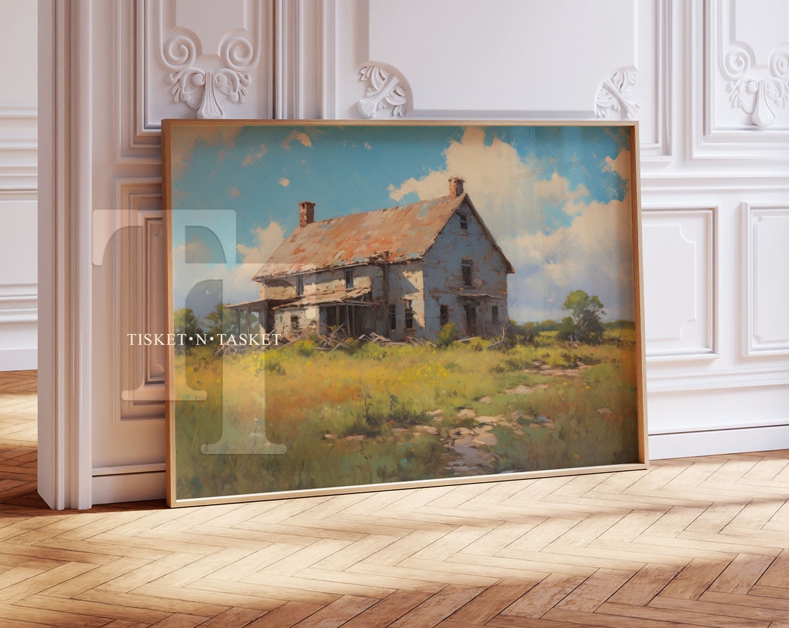 Rustic Abandoned Old Farmhouse In Golden Field Vintage Wall Art