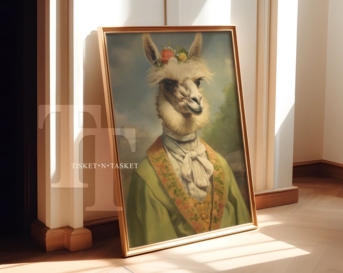 Flower Crown Alpaca Vintage Style Oil Painting Portrait Print