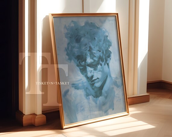 Blue Monochrome Man Portrait Curly Hair Painted Expressive Art Poster