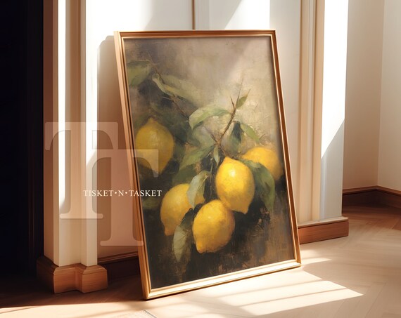 Vintage Lemon Branch Oil Painting Yellow Citrus Kitchen Wall Art