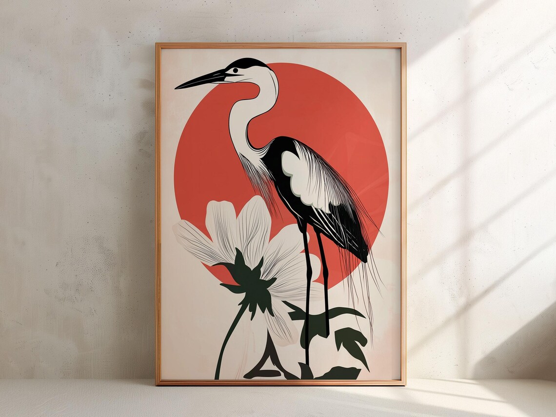 Majestic Heron With Red Rising Sun Circle Floral Japanese Art Poster
