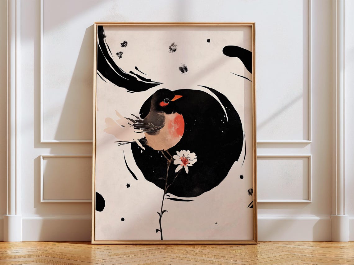 Robin Bird Blossom Black Ink Circle Japandi Minimal Wall Poster