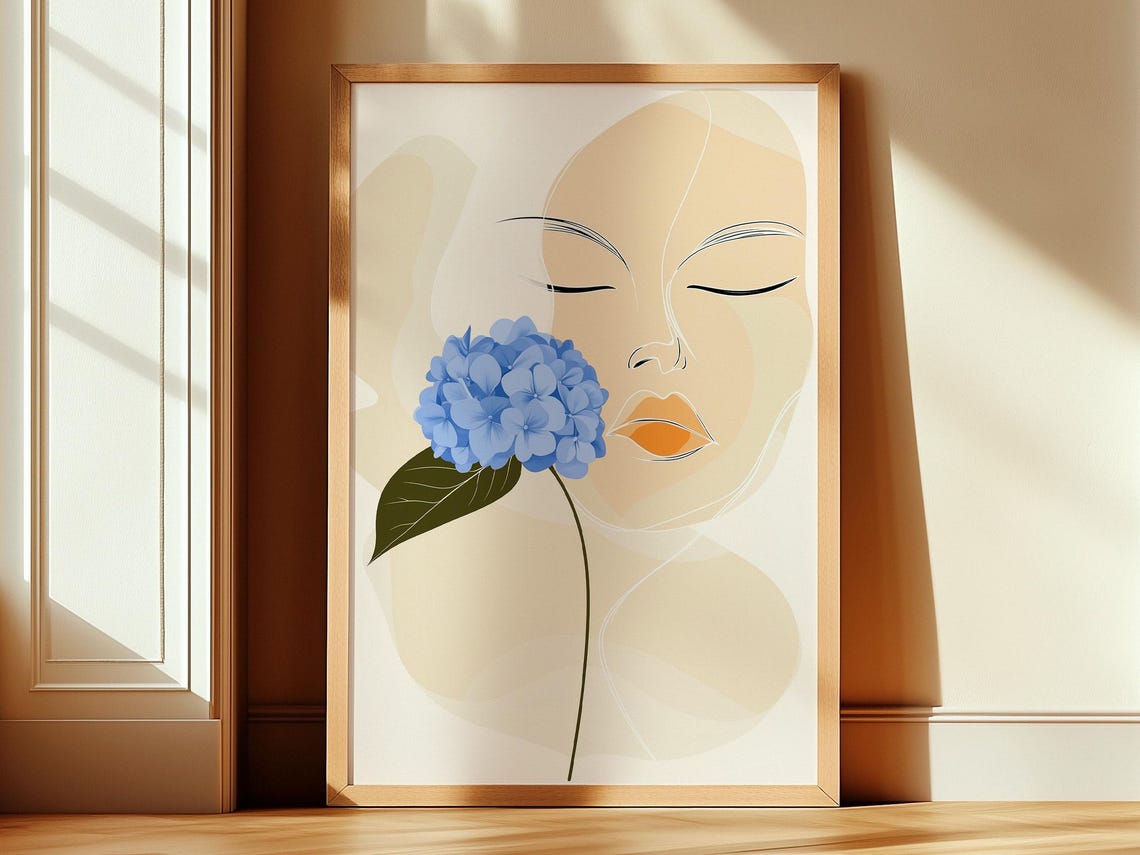 Minimalist Woman Face with Blue Hydrangea Line Art Decor Poster