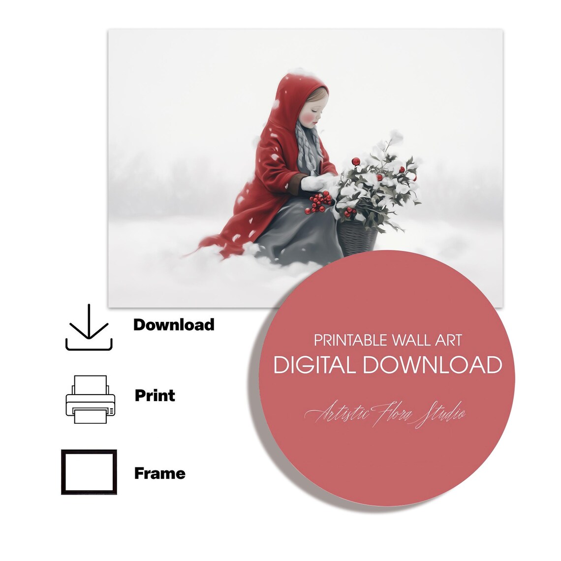 Girl In Red Hooded Cape Gathering Winterberries In Snow Painting Poster - Image 4