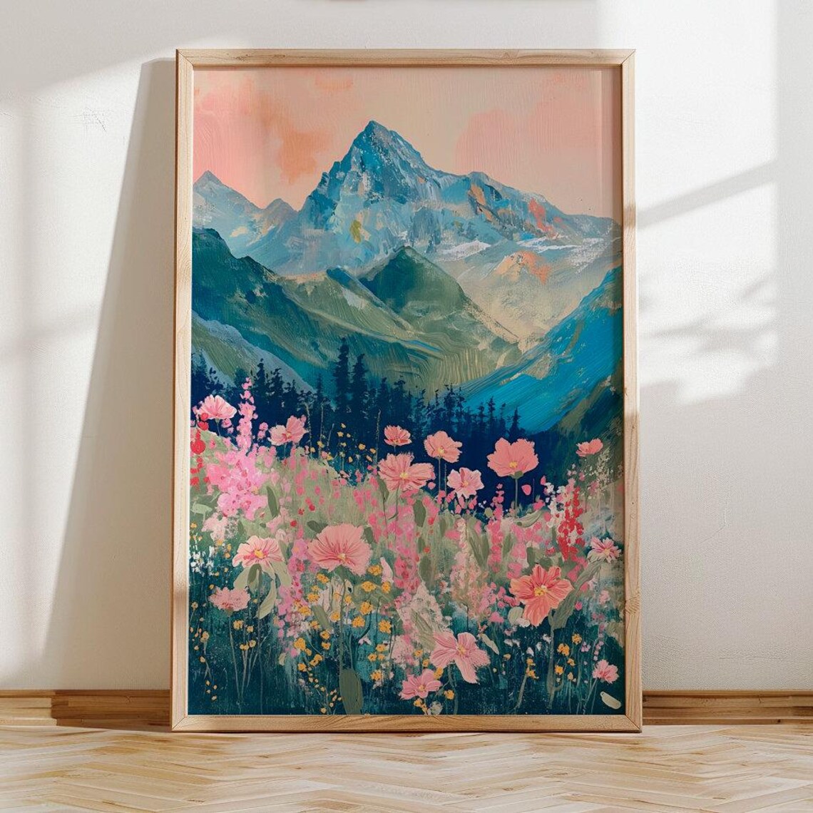 Alpine Mountain Peaks Wildflower Meadow Colorful Oil Painting Poster