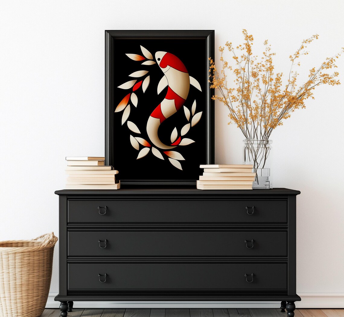 Abstract Koi Fish Minimalist Japanese Red White Black Art Poster - Image 4
