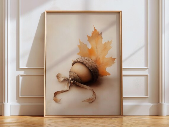 Minimalist Acorn and Maple Leaf Autumn Botanical Illustration Poster