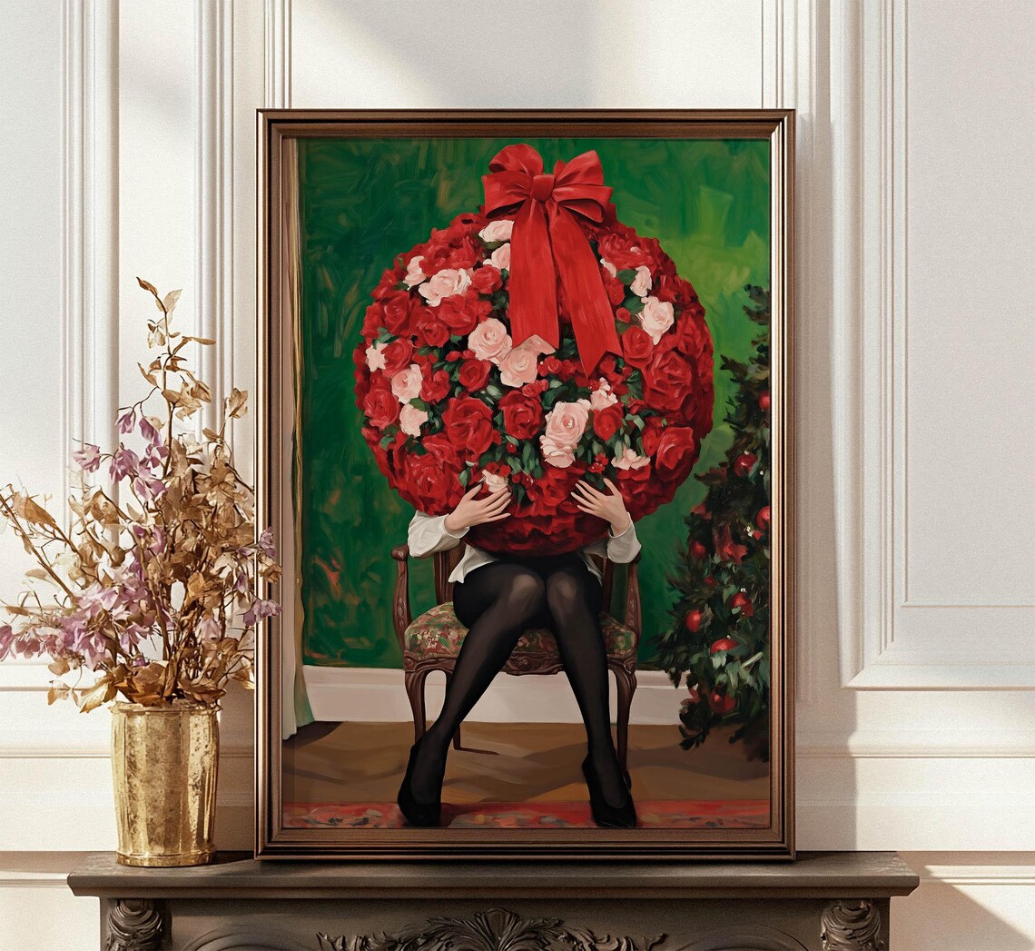 Woman Holding Giant Floral Bauble With Red Bow Christmas Poster - Image 3