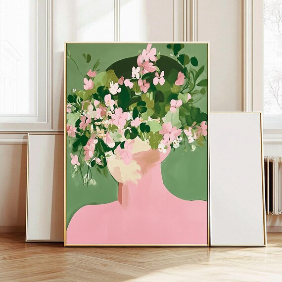 Pink Floral Woman Silhouette Blossoming Head Botanical Wall Art