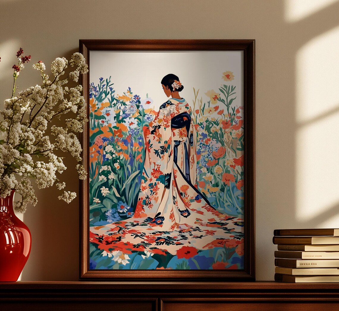Woman in Floral Kimono Wildflower Garden Colorful Art Poster - Image 2