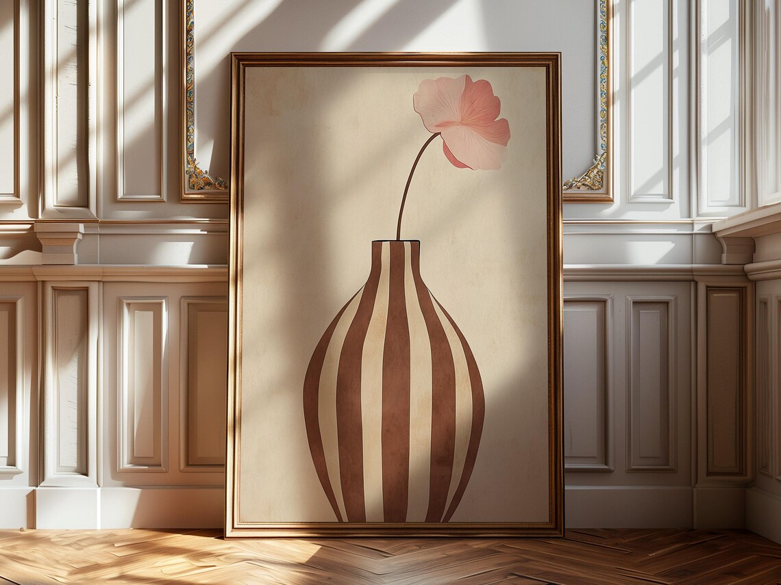 Striped Terracotta Vase with Pink Poppy Minimalist Art Poster