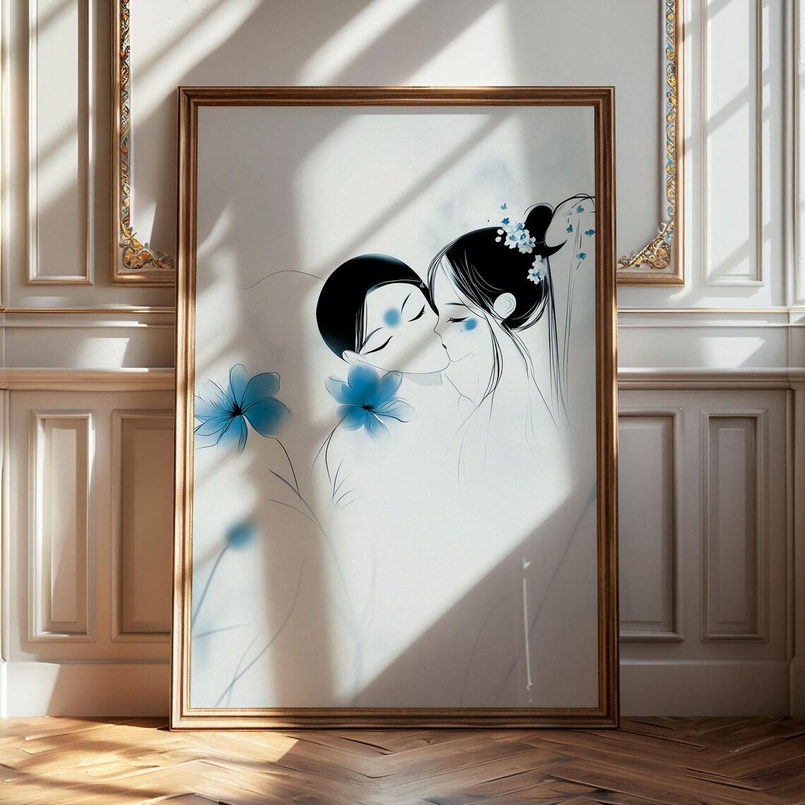Kissing Couple Blue Flowers Asian Ink Wash Romantic Love Art Poster