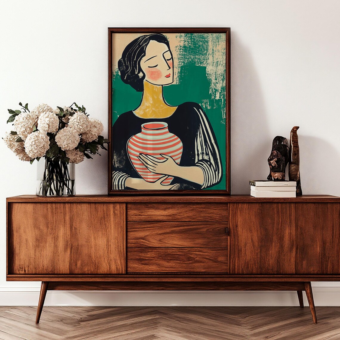 Modern Woman Holding Striped Vase Emerald Portrait Art Poster - Image 3