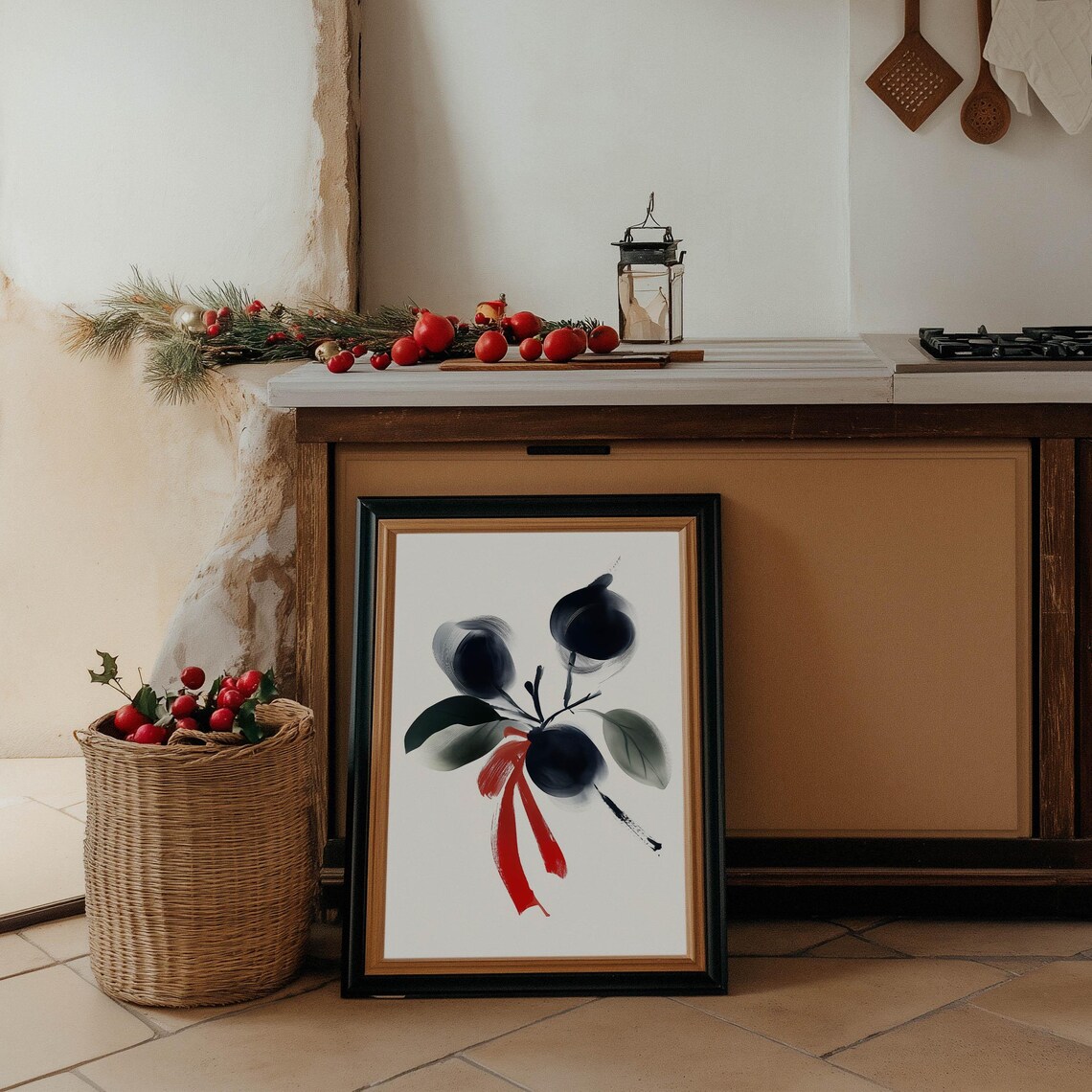 Ink Plum Branch Red Ribbon Watercolor Art and Greeting Card Poster - Image 3