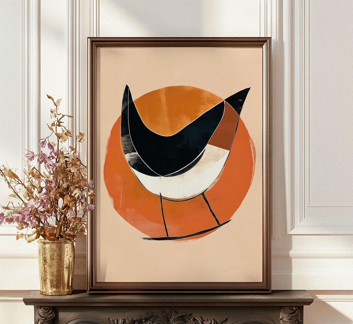 Geometric Swallow Bird Orange Sun Circle Mid Century Art Poster - Image 4
