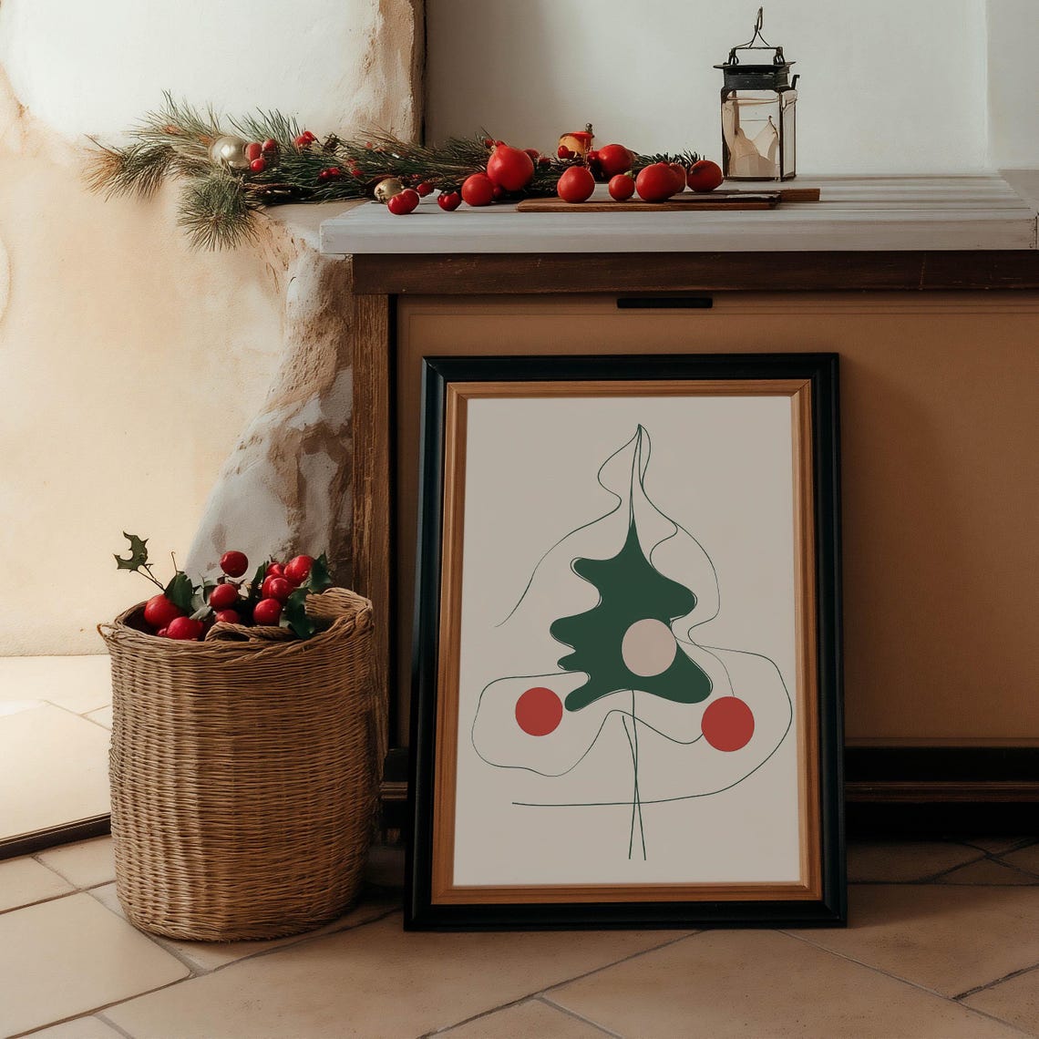 Abstract Green Line Drawing Christmas Tree With Red Ornaments Poster - Image 5