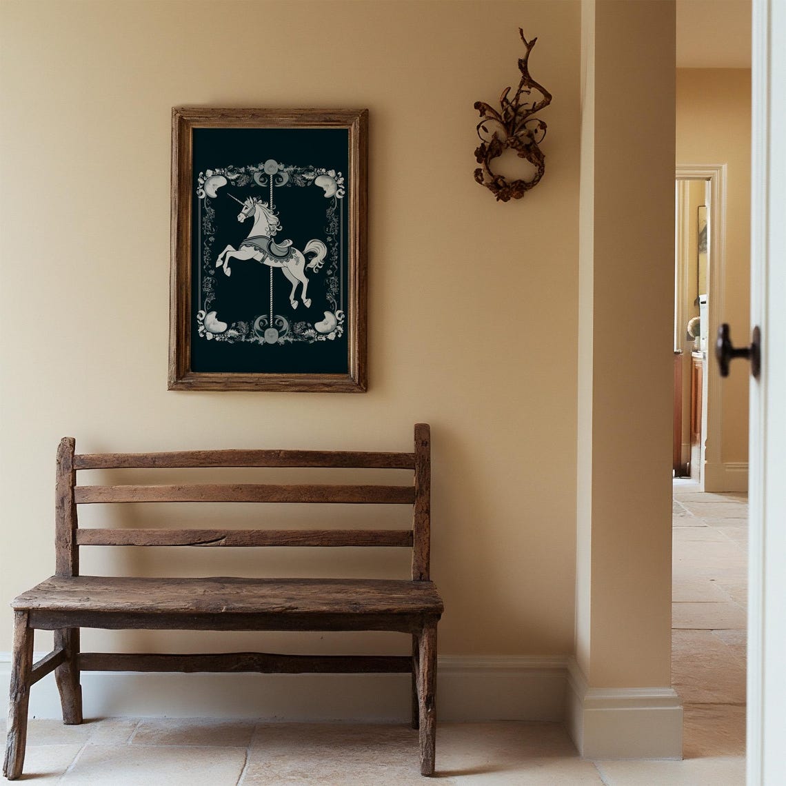 Magical White Carousel Unicorn Dark Navy Chalk Style Art Poster - Image 2