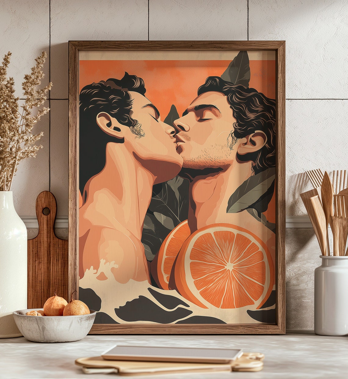 Gay Art Watercolor Gay Art Kissing Poster Orange Fruit Painting Lgbtq Office Poster Gay Engagement Decor Wall Art - Image 2