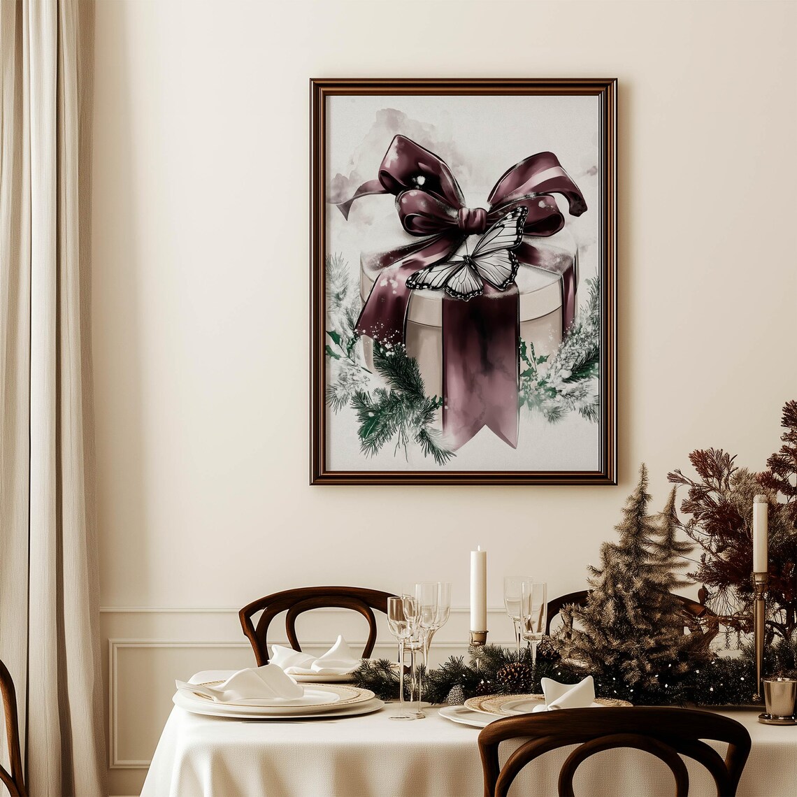 Dark Plum Bow Watercolor Christmas Gift Box With Butterfly Art Poster - Image 2