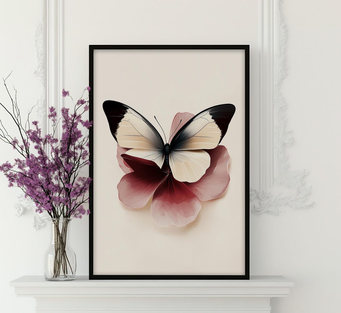 White Butterfly Burgundy Petals Minimalist Insect Art Poster - Image 3