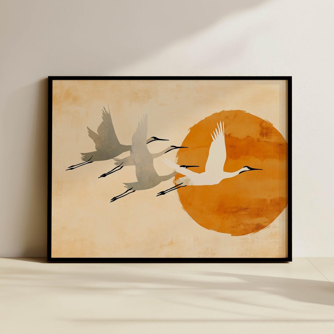 Flying Cranes at Sunset Japandi Style Orange Sun Horizontal Poster